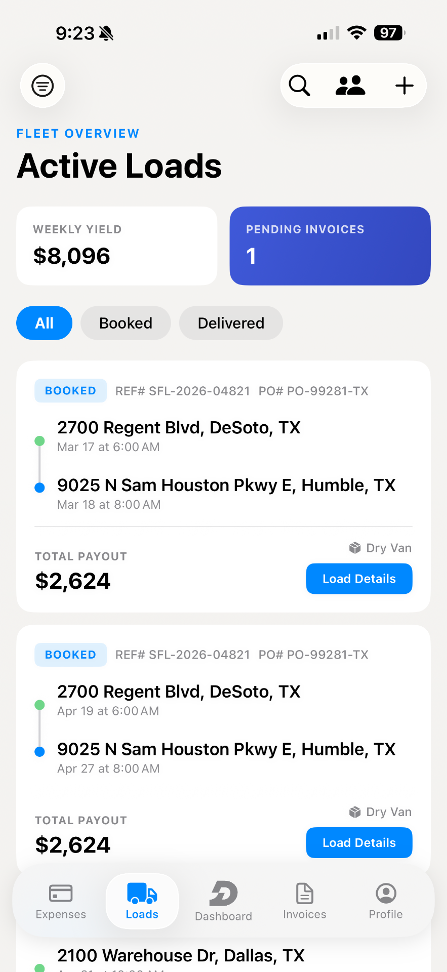 Dryvr Active Loads screen showing weekly yield, pending invoices, and booked loads with pickup and drop-off details