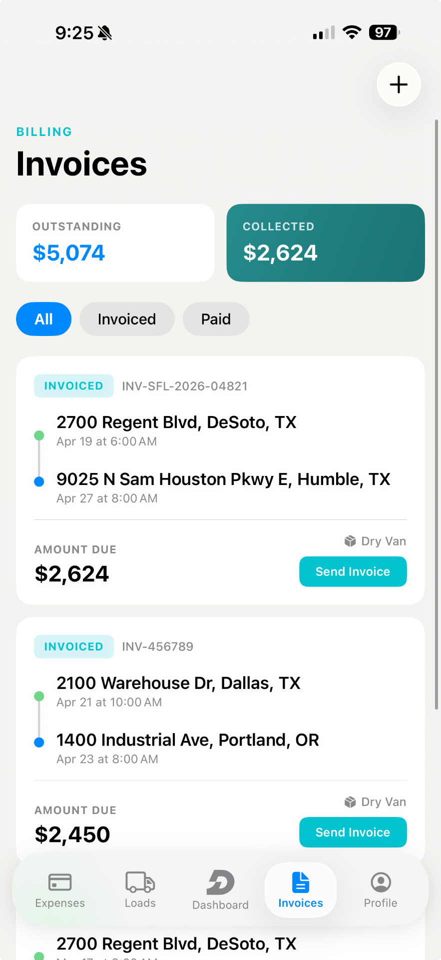 Dryvr Invoices screen showing outstanding and collected totals with invoiced loads and Send Invoice actions